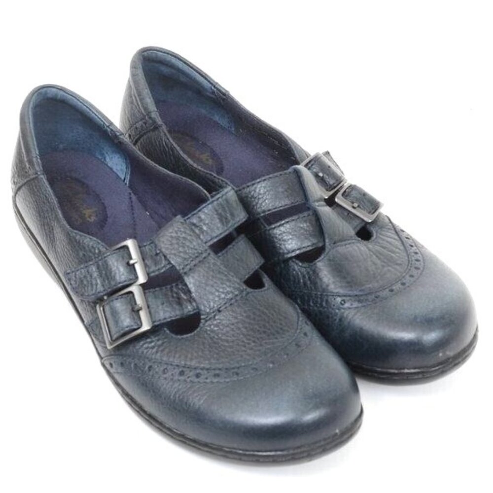 Clarks Bendables  Women's 10 Blue Leather Mary Jane Hook & Loop Flat Comfy Shoes